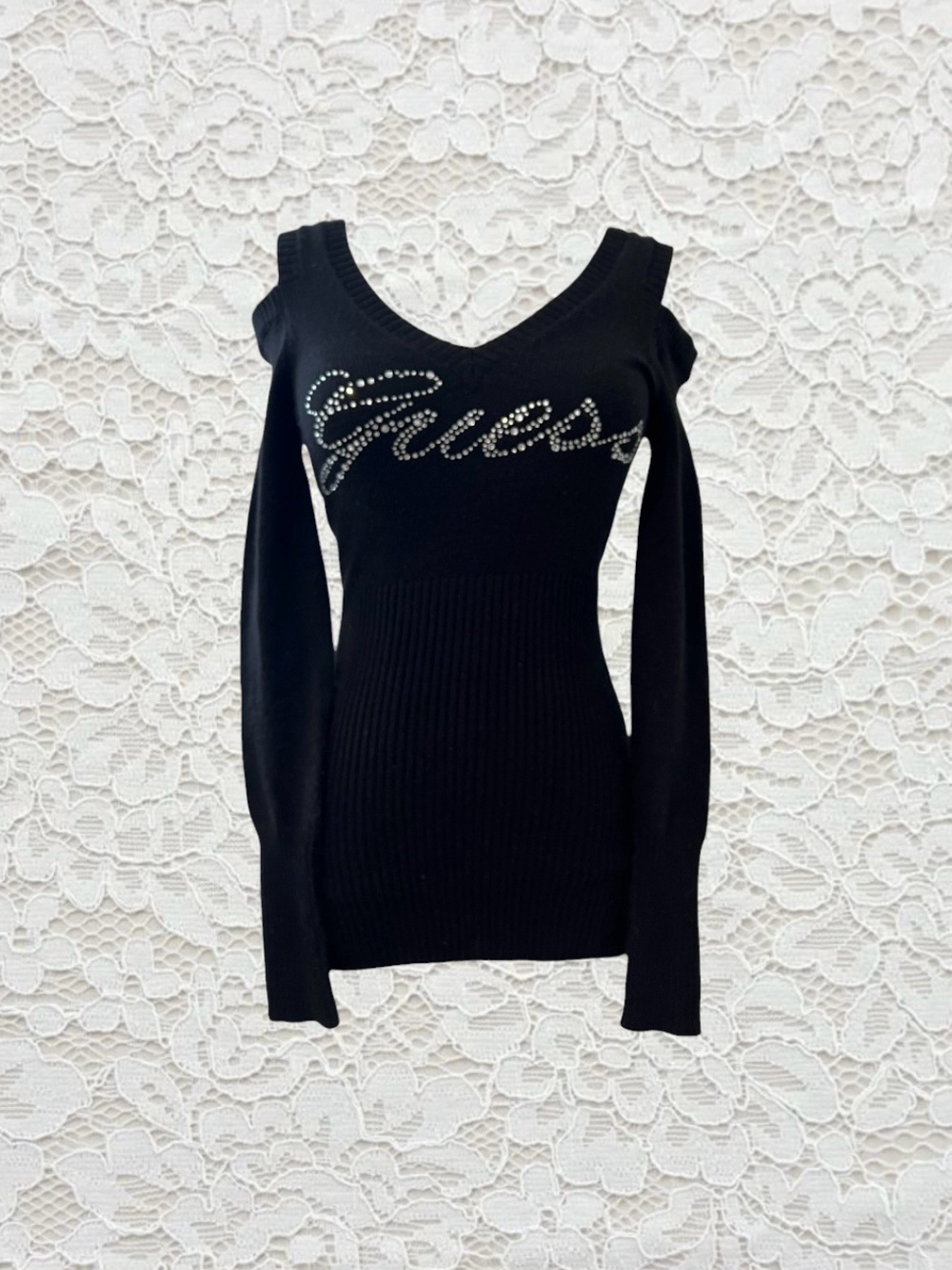 vintage guess black rhinestone long sleeve fitted sweater babydoll top